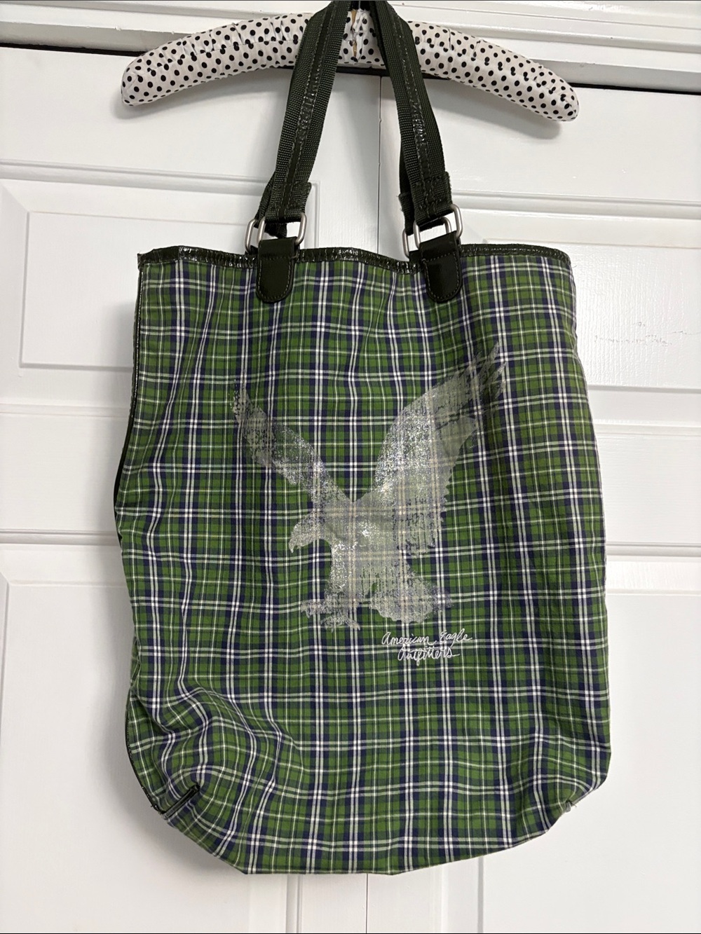American Eagle Green Plaid Tote Bag with Eagle Graphic